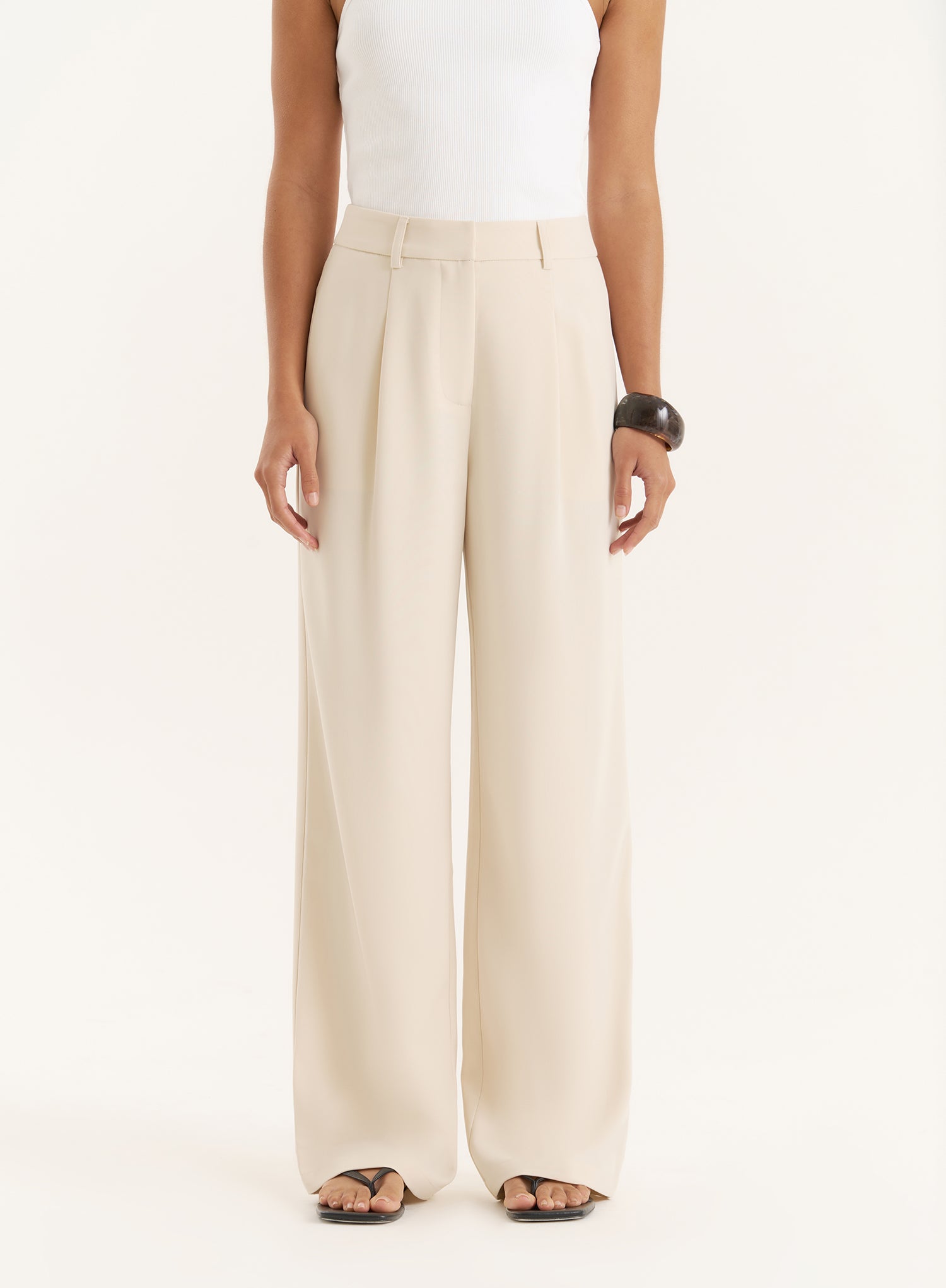 Cream Tailored Wide Leg Trousers